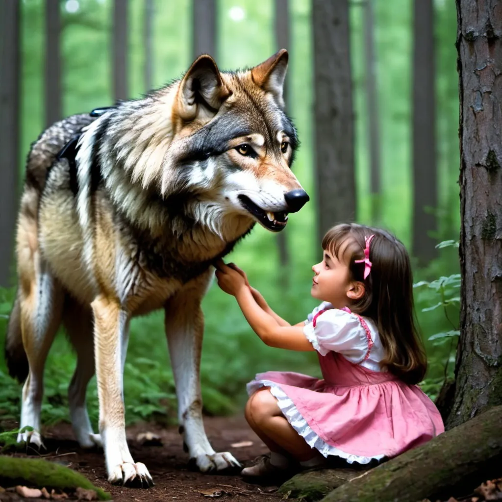 Prompt: wolf liking little girl in the woods