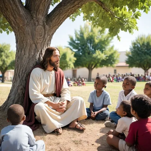 Prompt: Jesus Christ with one kid in his hands sitting under a tree with children. Children were asking him questions.