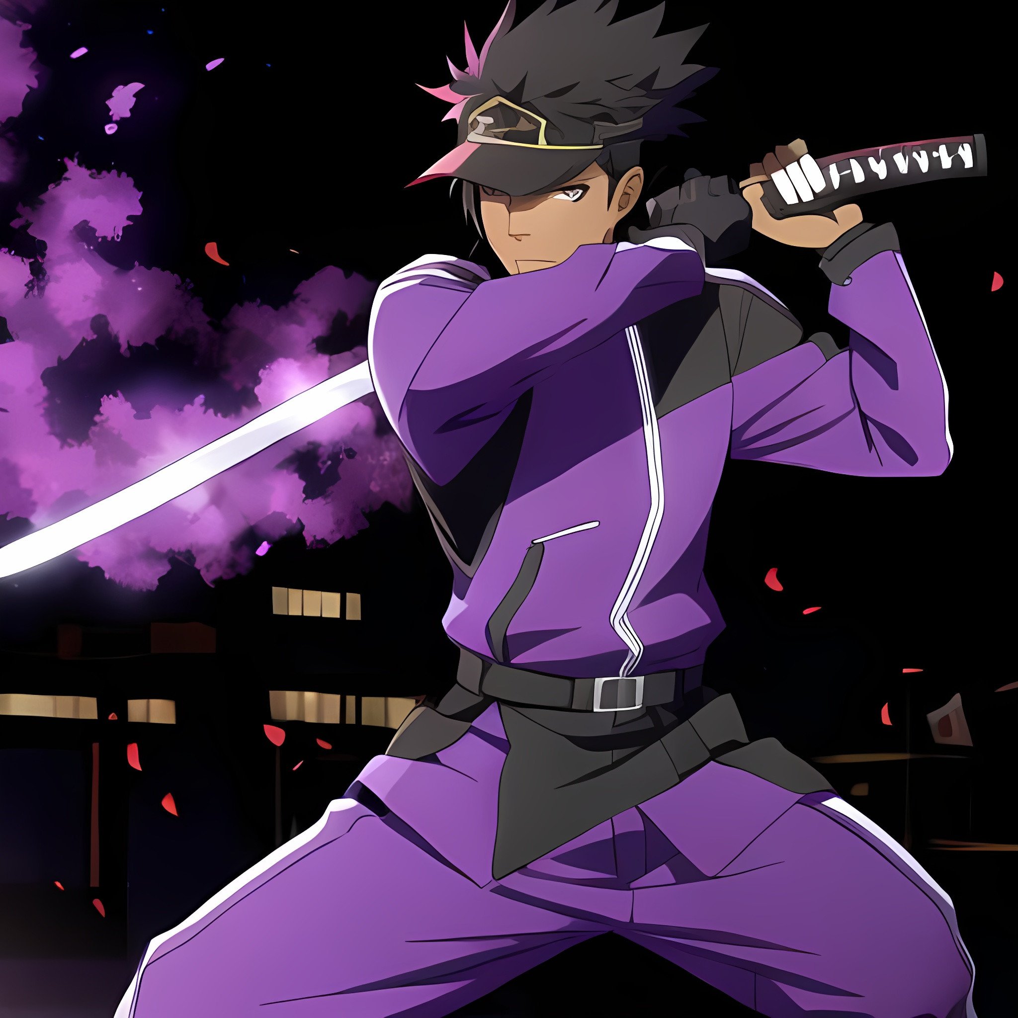 Male Black anime character with purple powers and me