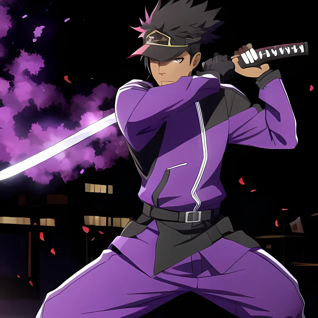 Prompt: A black man with a katana with purple flames in urban attire, 