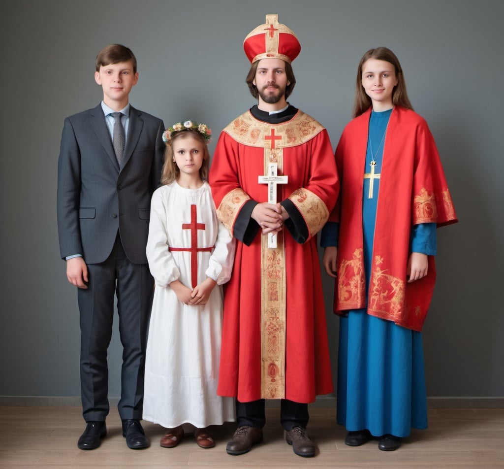 Prompt: A European Christian family, all wearing the cross, consisting of a young man 198 cm tall, a woman 154 cm tall, a young boy 120 cm tall, and a girl 100 cm tall.