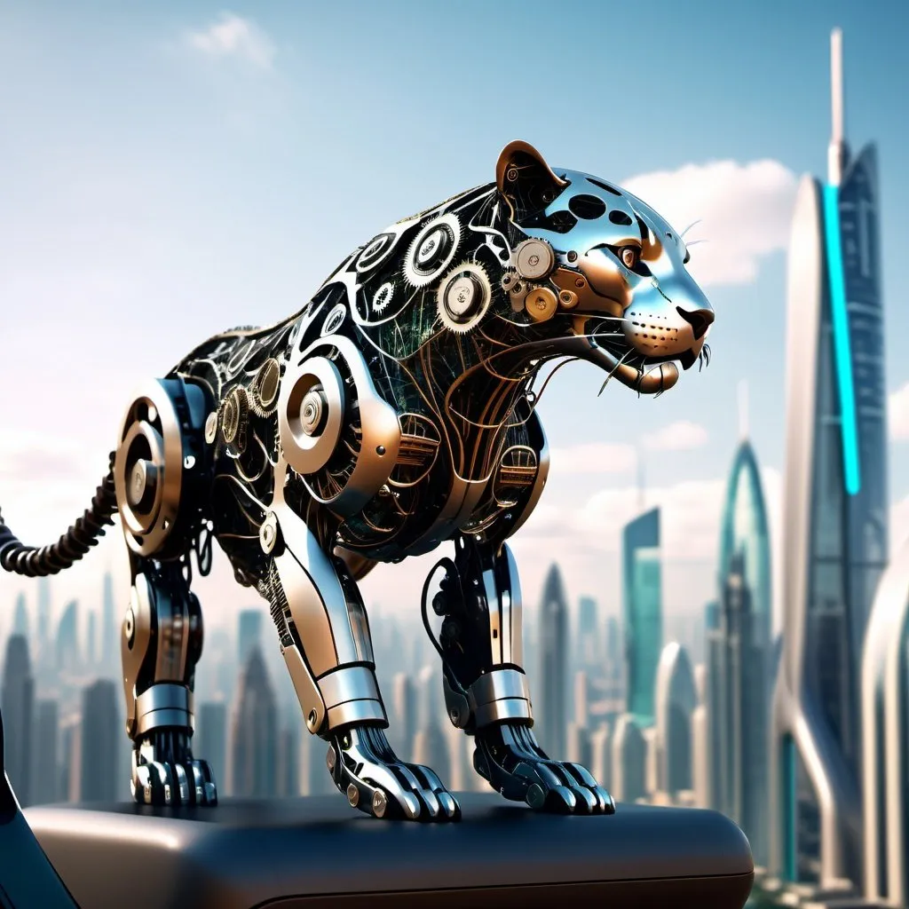 Prompt: Jaguar made from wires and gears looking over a futuristic city, full-body, cinematic render