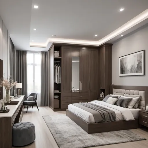 Prompt: 
‏"A modern bedroom design with dimensions of 485 cm in length and 521 cm in width. It features a stunning bed design, a vanity, and an 8-door wardrobe. This bedroom has a contemporary design that captures attention."