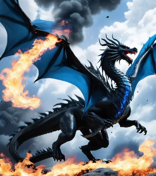 Prompt: <mymodel>A black dragon, badass dragon, flying in the sky, blowing blue fire, blue fire