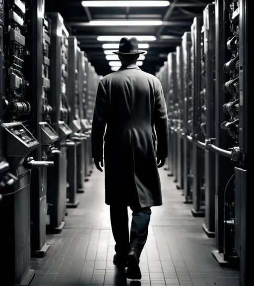 Prompt: <mymodel>A man , only one man,wearing like Oppenheimer, wearing hat, looking back, walking, walking to the Machine, background with Machine, dark,