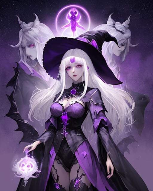 Prompt: <mymodel>A beautiful girl , a witch , white hair ,wearing purple clothes, summoning a monster , night , purple sky color , background ( a too big white monster, 6 eyes)