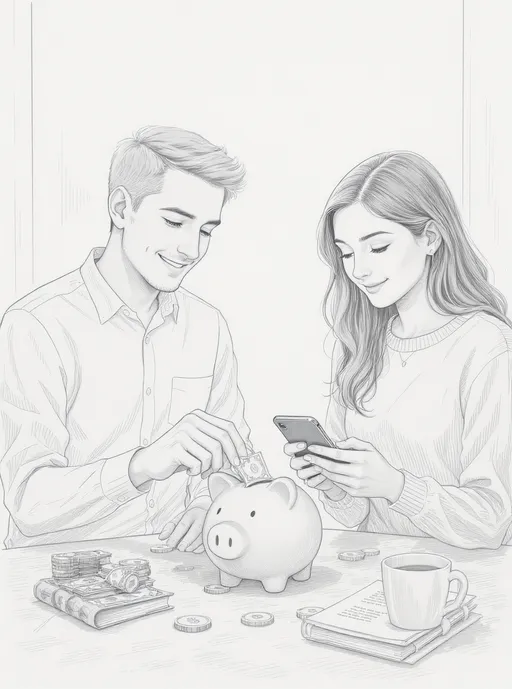 Prompt: A detailed pencil sketch-style illustration of young adults interacting with finance apps. One person is saving money in a piggy bank, another is browsing loan options on a mobile device. The scene is clean and minimal, focused on financial planning and responsible money management. Soft hand-drawn shading, fine linework, and subtle textures. The composition should leave space for app UI overlays, with a light neutral background to enhance readability. Style: realistic pencil drawing, professional, modern, friendly, and engaging