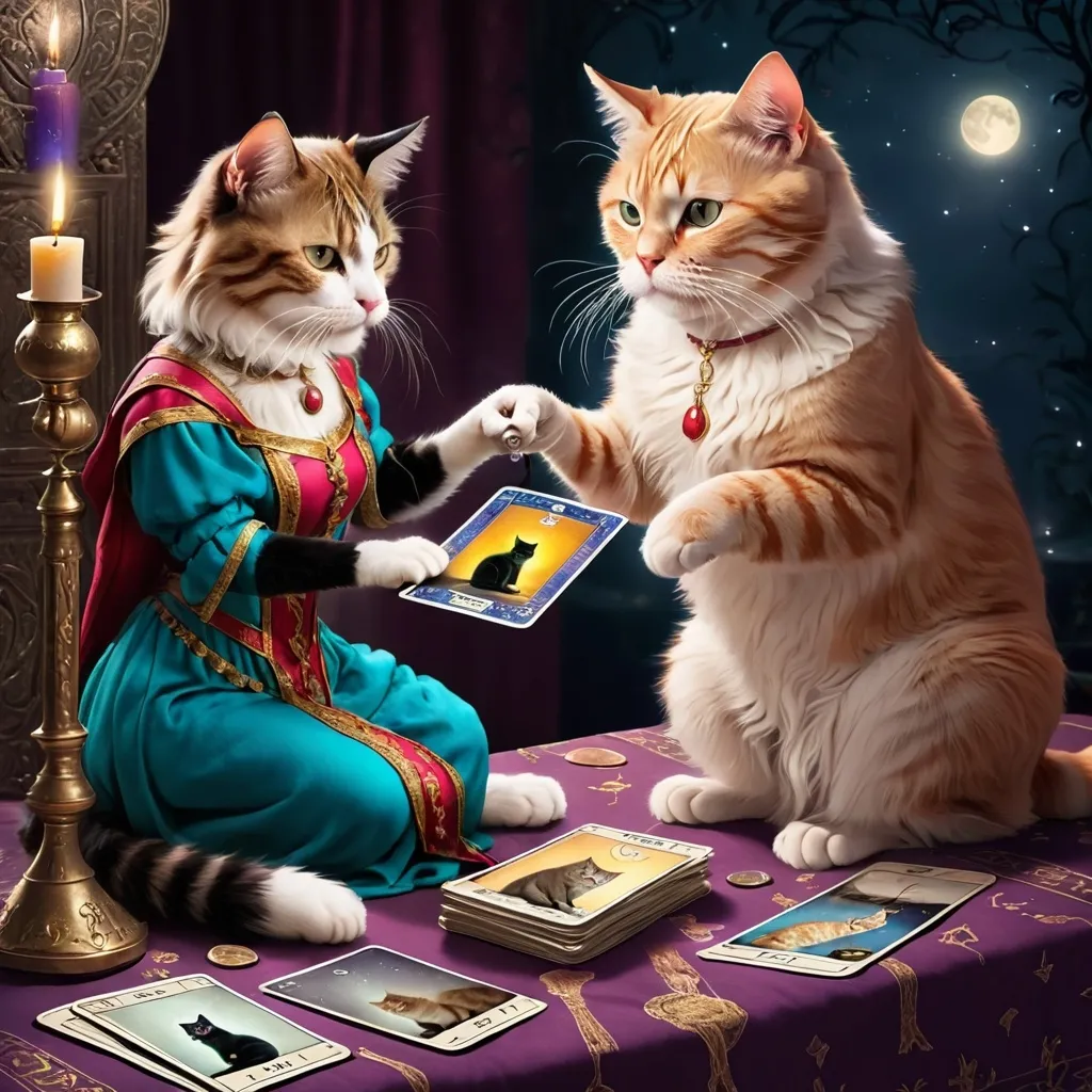 Prompt: Cat giving a tarot reading to another cat