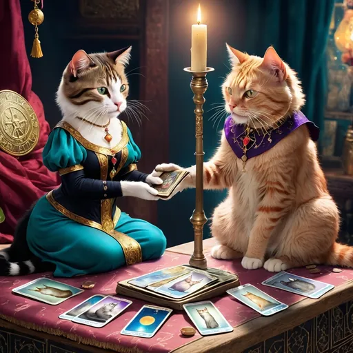 Prompt: Cat giving a tarot reading to another cat