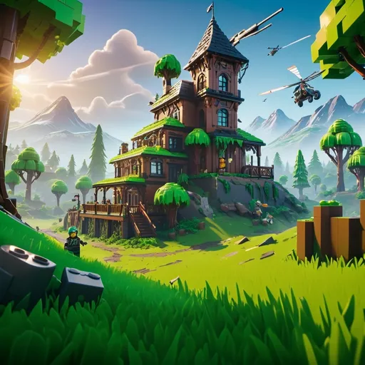 Prompt: (realism style), (3D), vibrant (Green Grassland), intricate (Lego) structures, action-packed (Fortnite) elements, detailed textures, cool color scheme, dynamic composition, atmospheric lighting, ultra-detailed, engaging scene, evoking excitement and adventure amidst a lush landscape.