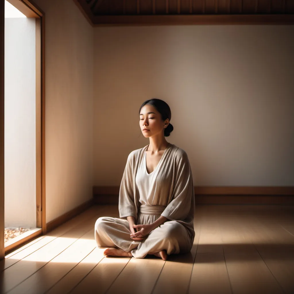 Prompt:  A serene image of someone sitting in a quiet space with soft light, symbolizing stillness and mindfulness.