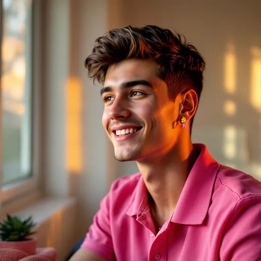 Prompt: A young man gazes thoughtfully off to the side, wearing a bright pink polo shirt that complements his cheerful demeanor. His short, styled hair frames his face, enhancing the soft smile that reveals a sense of optimism and joy. Adorned with colorful earrings made of small flowers, he adds a playful touch to his appearance. The background features a simple indoor setting, with a warm glow of sunset light filtering through a nearby window, casting gentle shadows that emphasize the relaxed atmosphere. The scene conveys a mood of tranquility and youthful exuberance, inviting viewers to share in this moment of contemplation.