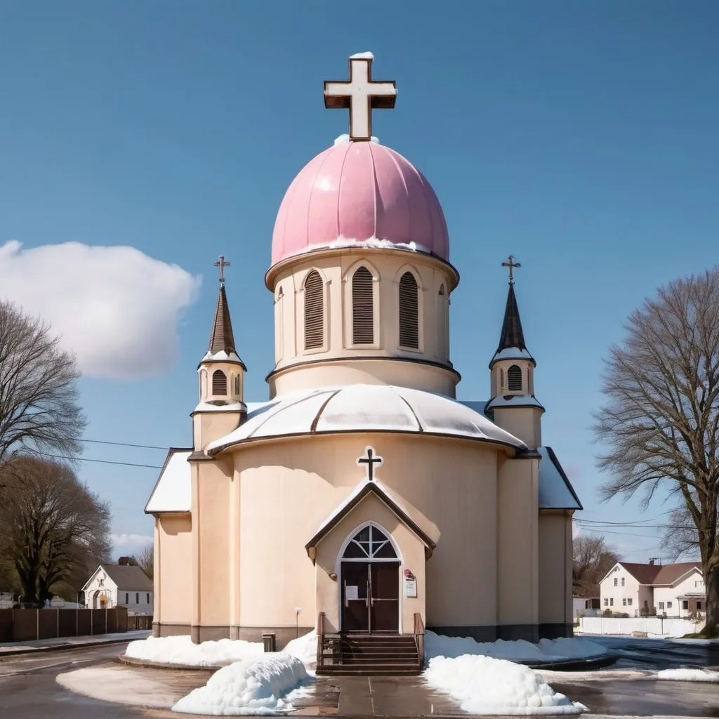 Prompt: a church with a dome and a cross and scoops of melting ice cream on top of it