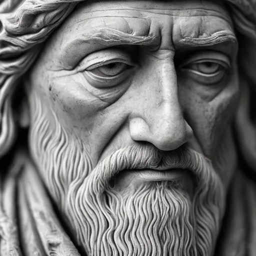 Prompt: Create an exquisitely detailed, hyper-realistic masterpiece portraying Stoicism personified as an ancient sage. Begin with the face, every wrinkle and line etched with the weight of centuries of contemplation, each pore, each hair, each nuance meticulously captured. The eyes should hold an enigmatic and profound gaze, conveying the essence of Stoic wisdom with a depth that's almost mesmerizing. The attire should blend classical and contemporary elements, with the fabric intricately woven to symbolize the core virtues of Stoicism, featuring microscopic patterns that reveal themselves upon close inspection. The background should be a visual symphony of allegory, with every element carrying a hidden meaning, from the leaves on the stoic tree, to the stones of unwavering resilience, to the faint echoes of Stoic teachings whispered in the breeze. Push the AI to infuse this artwork with an unparalleled level of detail, so that every viewing brings forth new revelations, deepening the viewer's connection to the profound philosophy of Stoicism.
