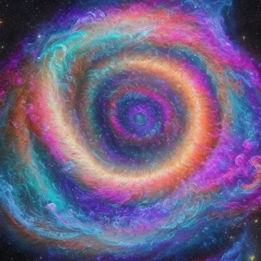 Prompt: Create a work of art that embodies the essence of ethereal beauty and transcendence. This masterpiece should depict a celestial realm where cosmic forces merge in a ballet of colors and light, where galaxies collide in a dance of unimaginable grandeur. The canvas should evoke a sense of cosmic wonder, with vivid and complex celestial formations, nebulous swirls, and radiant bursts of light. The challenge lies in portraying the ineffable beauty of the universe, capturing the mysterious allure of the cosmos, and transporting viewers to a realm of awe-inspiring splendor. Push the boundaries of artistic creation to craft a piece that stands as a testament to the harmonious chaos of the cosmos.