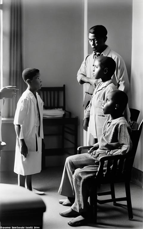 Prompt: Patient, a child stands and explains to a man sitting in a chair