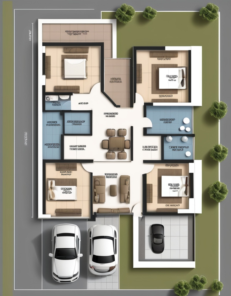 Prompt: Floorplan of bunglow, having plot size 4350 sqft, and built up area will be 2080, two floor,  2D vector and 3D illustrations, high quality, detailed layout, modern design, professional style, minimalistic, precise lines, clean and crisp, organized space, neutral color palette, top-notch, well-crafted, artistic floorplan, spacious layout, accurate representation, high-res, polished, architectural, detailed apartment, clear and precise, professional vector illustration, organized and efficient, minimalistic design. Two rooms on ground floor, Three rooms on first floor,  Three Washrooms on both the floors,  Kitchen on both the floors, Living Room and Dining room on both the floor.