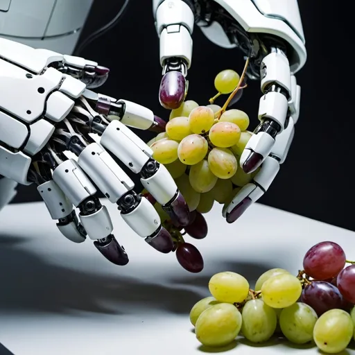 Prompt: A close up of robot hands peeling a grape
