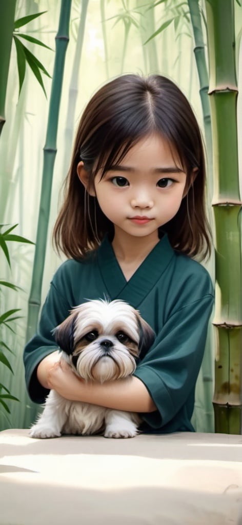 Prompt: Girl with clear face, petting a shih-tzu in Chinese bamboo forest, Chinese painting style, 4k