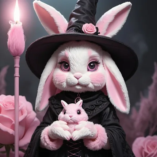 Prompt: Detailed illustration of a pink bunny in a black and pink witch outfit, rose quartz, highres, ultra-detailed, cute, fantasy, witchy, pastel tones, magical, detailed fur, intense and focused gaze, mystical surroundings, magical accessories, atmospheric lighting