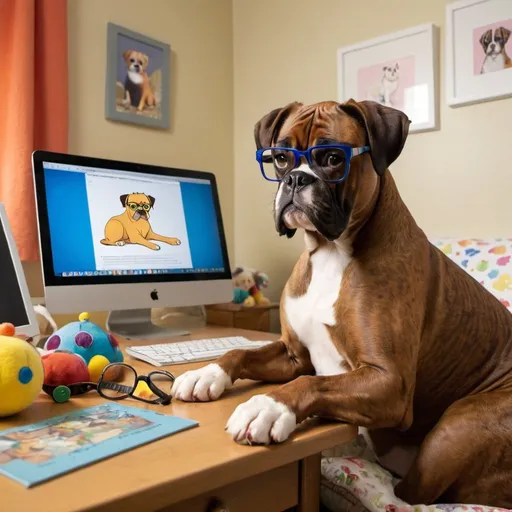 Prompt: A brindle boxer is sitting at a computer in a children's bedroom. The dog has reading glasses and a long haired yellow persian cat is sitting next to the dog and is also wearing glasses

