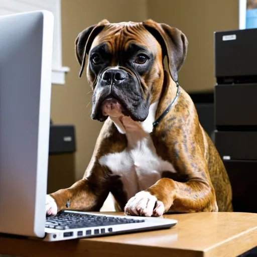 Prompt: A brindle boxer is sitting at a computer
