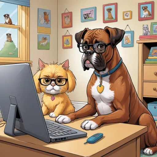 Prompt: A cartoon brindle boxer is sitting at a computer in a children's bedroom. The dog has reading glasses and a long haired yellow persian cat is sitting next to the dog and is also wearing glasses

