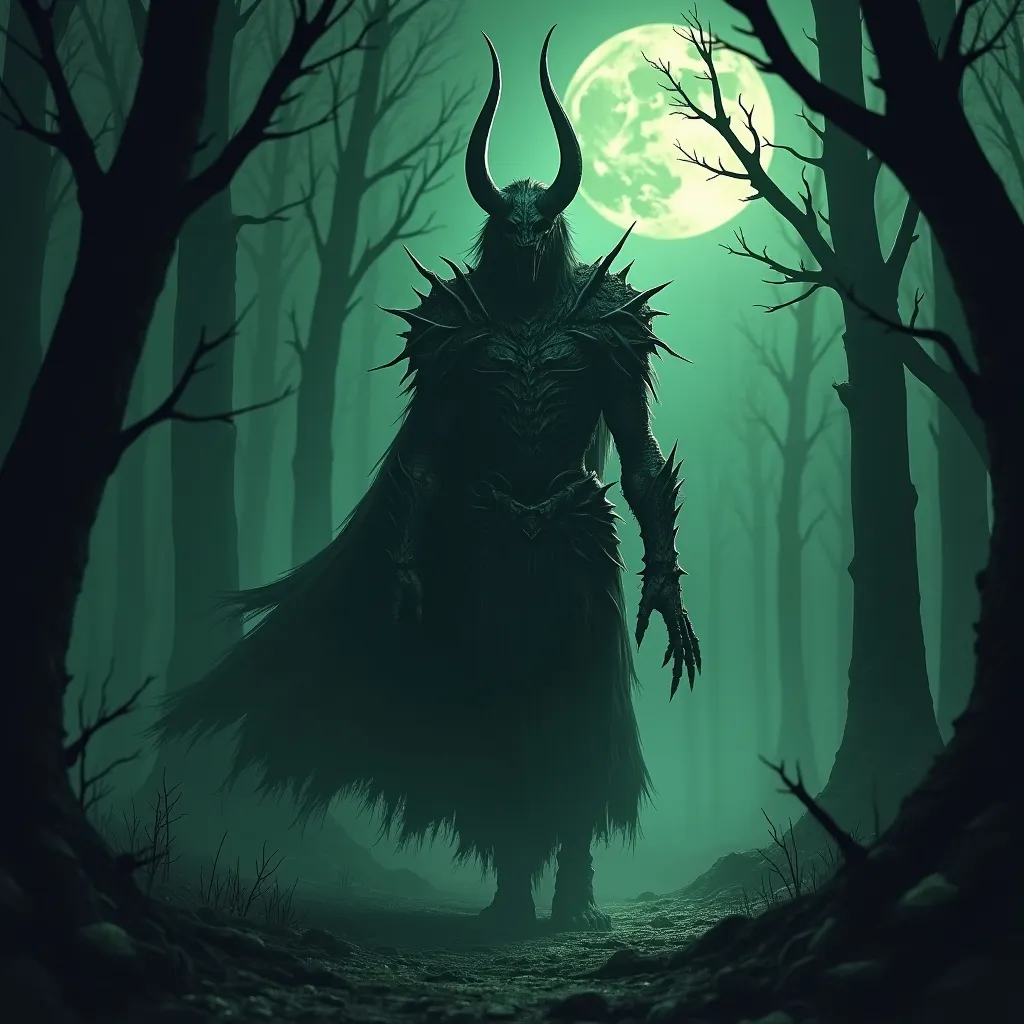 Prompt: Shadow draugr in a full suit off armor that camouflages in the night in a mystical and scary forest around moonlight make the moon green make it more dense forest with creepy trees