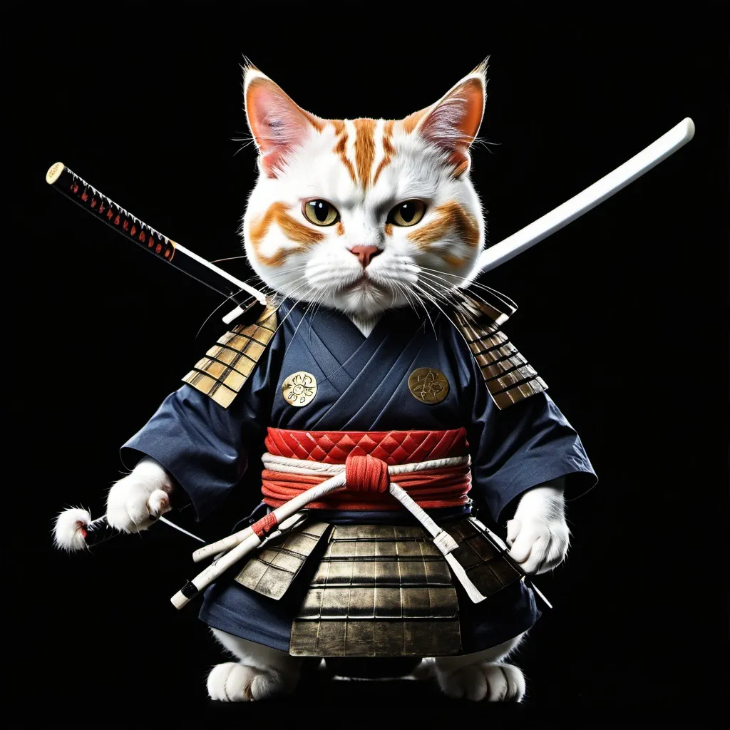 Prompt: Samurai cat with a black background