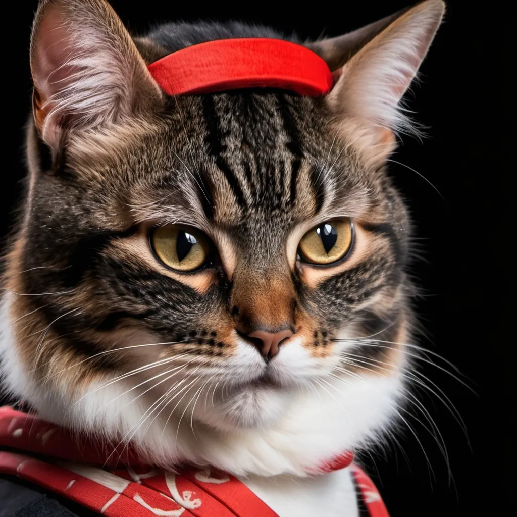 Prompt: Samurai cat with a black background and a red headband and zoomed in closer on his face