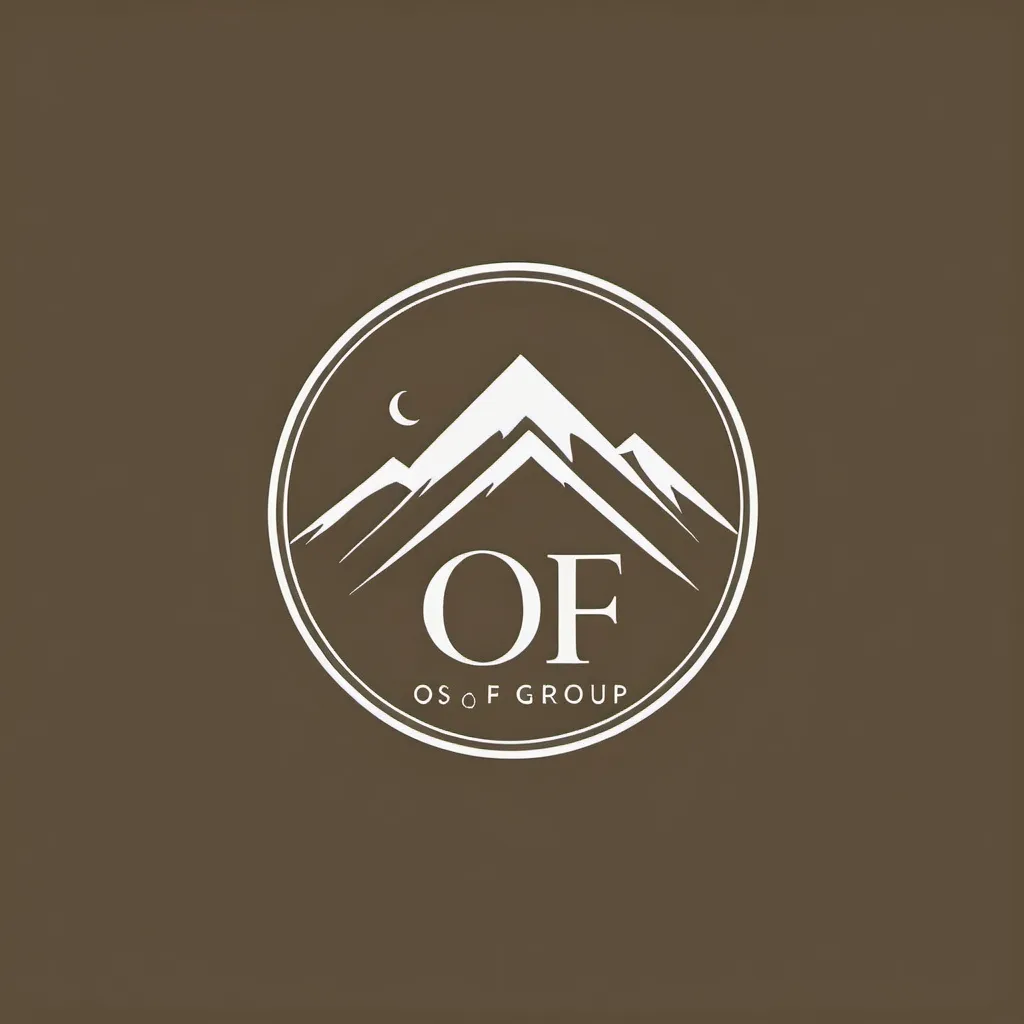 Prompt: Create a logo for my real estate group named “O&F Group”.  Give it a simple, clean, high end, Pacific Northwest, minimalist feel. Create a unique image combining a mountain, house or roof, and the initials O and F.

