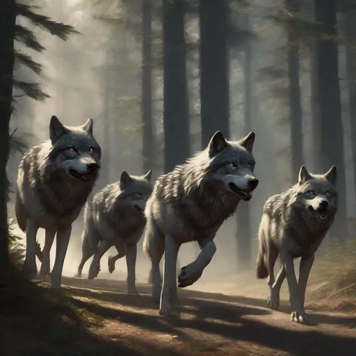 Prompt: Show a pack of wolves with following the lead of their alpha going a forest path like they are going for a catch with the alpha in front with shadows filtering through the trees with heavy shadowing 
