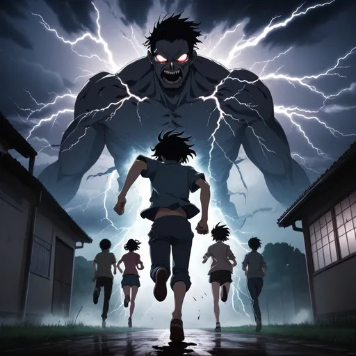 Prompt: 2d dark j horror anime style, man, anime scene with thunder in the background and people running from the back 