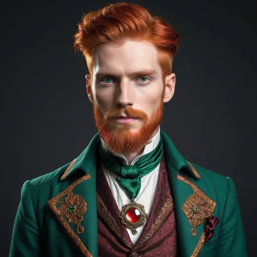 Prompt: Create an tall, elegant, and slender handsome Victorian man with shotr fiery red hair, piercing green hair and well kept beard. He wears a small intricate arcane medallion around his neck.