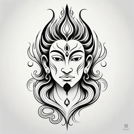 Prompt: Minimalist line art tattoo, (half-Shiva face, half-Hanuman face), (phoenix) emerging from (vibrant flames), intricate details, smooth lines, elegant simplicity, balanced composition, poetic essence, divine symbolism, harmonious blend of cultures, black ink on white background, minimalist aesthetic, striking visual impact, modern tattoo design, HD, stunning contrast in monochrome.