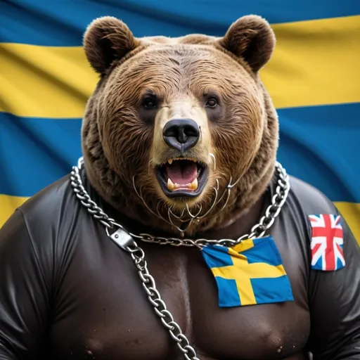 Prompt: Obese bear in a gimp suit and gag in his mouth. Swedish flag in the background 