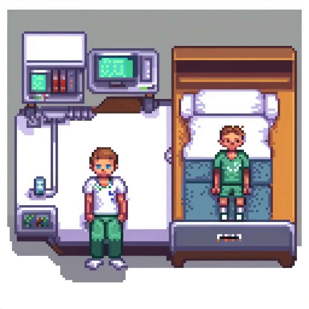 Prompt: High-quality, cartoon, detailed illustration of two boys in a hospital, one skinny and strong with a white t-shirt and one slightly chubby, both 12 years old and one of the boys has a kast


