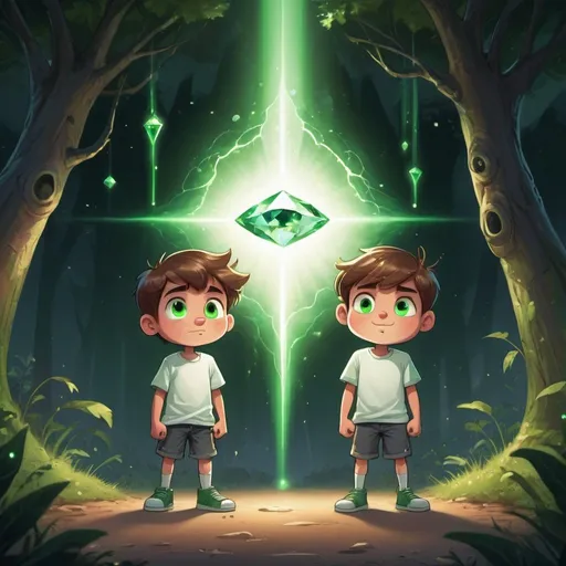 Prompt: High-quality, kid cartoon , detailed illustration of two boys, one skinny and strong with a white t-shirt and one slightly chubby, both 12 years old, standing in awe, with 1 small green glowing gem floating in the air between them, detailed facial expressions, natural setting, atmospheric lighting, whimsical art style, detailed hair, surprise, green gem, nature boy, cool tones, detailed eyes, professional, atmospheric lighting
