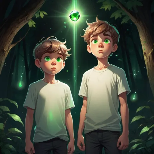 Prompt: High-quality, cartoon, detailed illustration of two boys, one skinny and strong with a white t-shirt and one slightly chubby, both 12 years old, standing in awe, with 1 small green glowing gem floating in the air between them, detailed facial expressions, natural setting, atmospheric lighting, whimsical art style, detailed hair, surprise, green gem, nature boy, cool tones, detailed eyes, professional, atmospheric lighting
