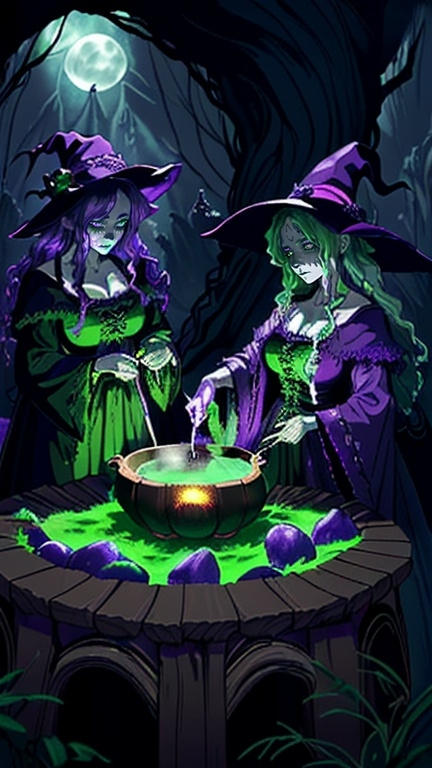 Prompt: (3 witches brewing potion), mystical cave setting, Halloween night ambiance, dark and enchanting atmosphere, deep shadows, glowing moonlight filtering in, long flowing robes, intricate details on their accessories, steam rising from a cauldron beside the ramen bowl, vibrant colors, (purple and green tones) illuminating the scene, high detail, ultra-detailed, eerie yet captivating mood.