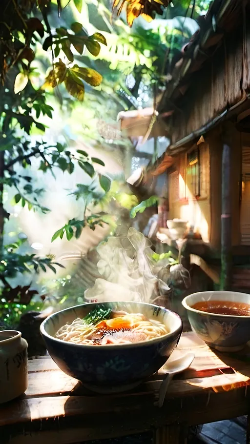 Prompt: (jungle tree house scene), a steaming bowl of ramen, vibrant foliage surrounding, dappled sunlight filtering through leaves, cozy atmosphere, warm color tones, high detail, immersive ambiance, captivating nature sounds, (humorous) expression, thoughtfully crafted details of the ramen, high-quality 4K.