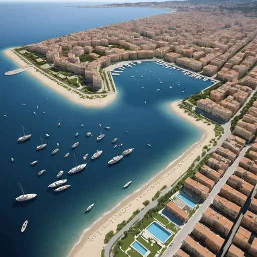 Prompt: Crea una città sul mare. Con case base , grattacieli, giardini, ponti e grandi piazze