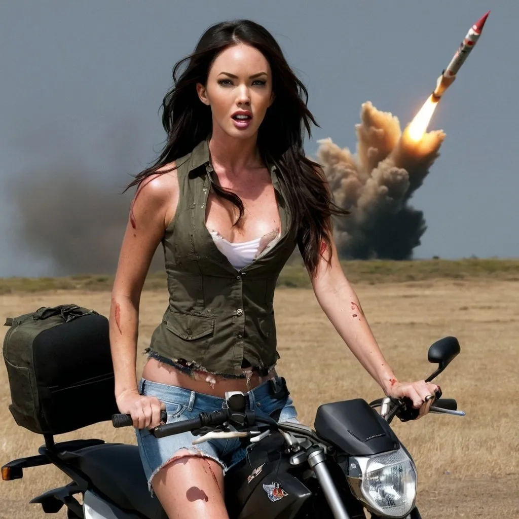 Prompt: MEGAN FOX RIDING A MISSILE IN TATTERED CLOTHES 