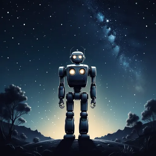 Prompt: Image: A dramatic illustration of the robot standing alone, looking up at the starry night sky.