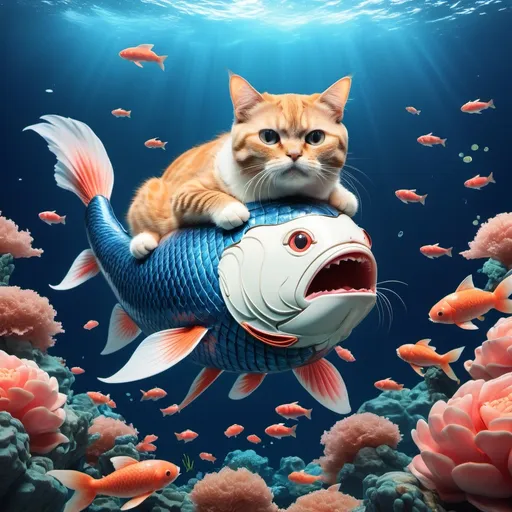 Prompt: a cat riding a giant japanese fish in the blue ocean with lots of sea life.