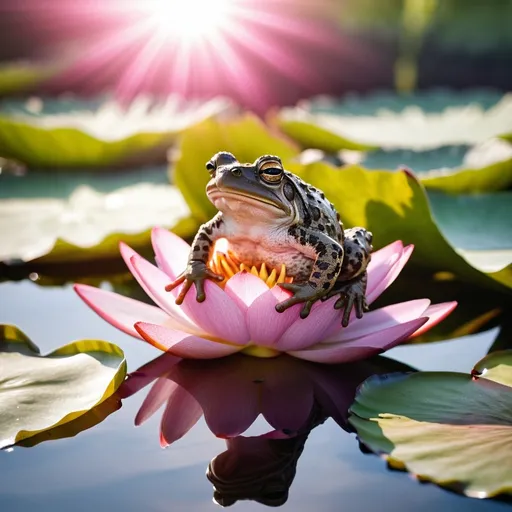 Prompt: a cute toad sitting on a water lily with a blossoming pink flower as the sun shine hits the toad as the toad sits in happiness.