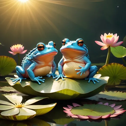 Prompt: two cute toads sitting on a water lily as the sun shine hits the toad and the toads sit in happiness and play on a nintendo switch.