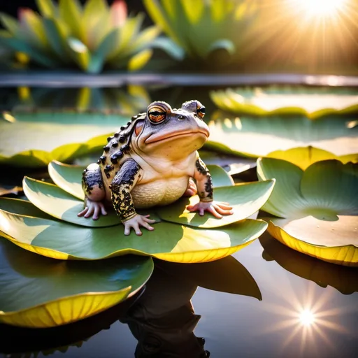 Prompt: a cute toad sitting on a water lily as the sun shine hits the toad as the toad sits in happiness.