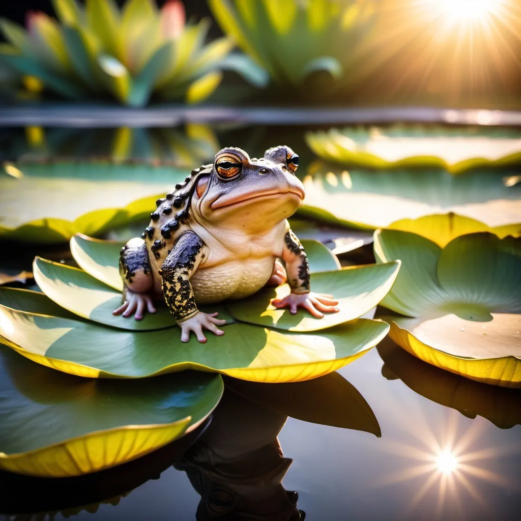 Prompt: a cute toad sitting on a water lily as the sun shine hits the toad as the toad sits in happiness.