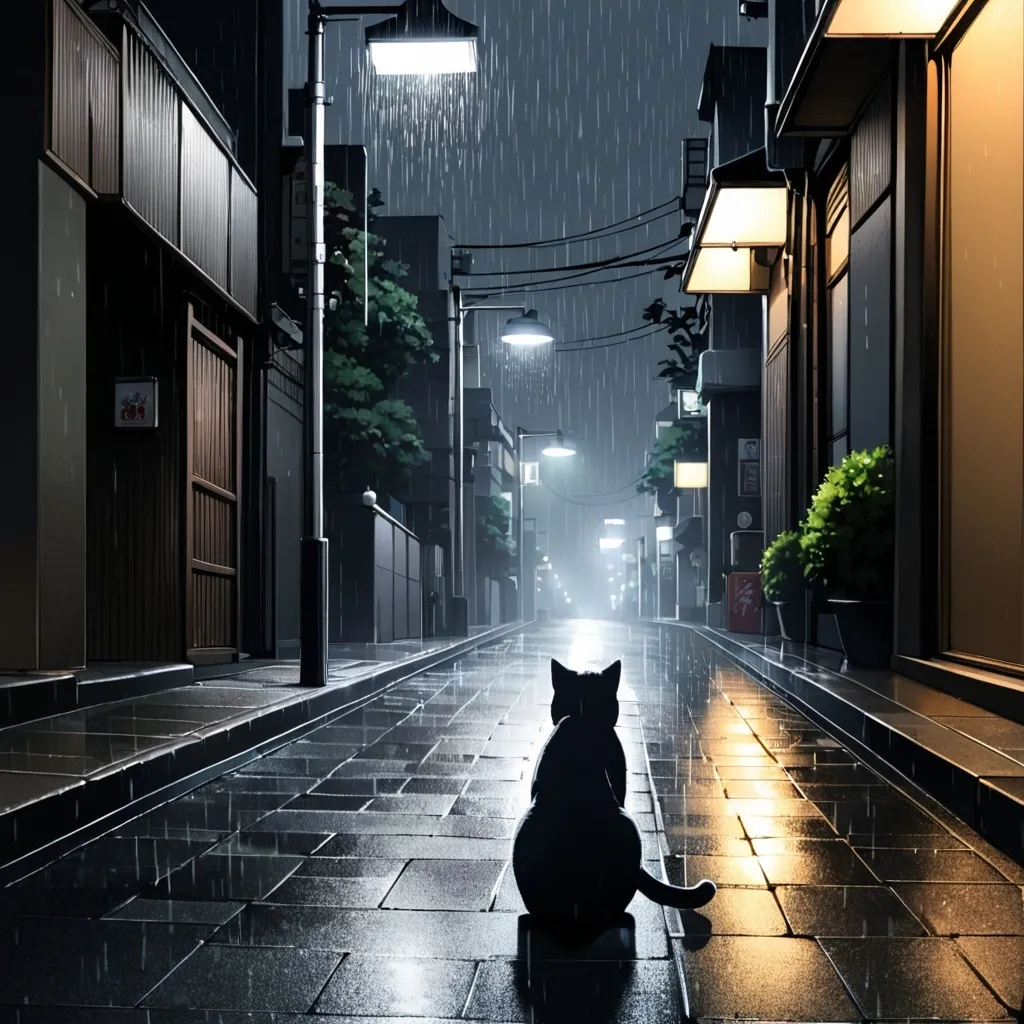 Prompt: a grey britisch short hair on a side walk of a empty tokyo street with a street lamp shining light onto the cat in the rain.